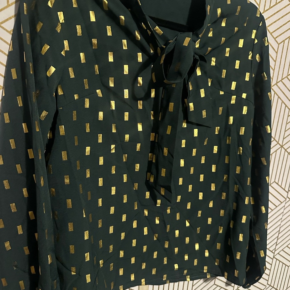 Green Gold Foil Blouse – Tie Neck, Long Sleeve – Size S, NEW